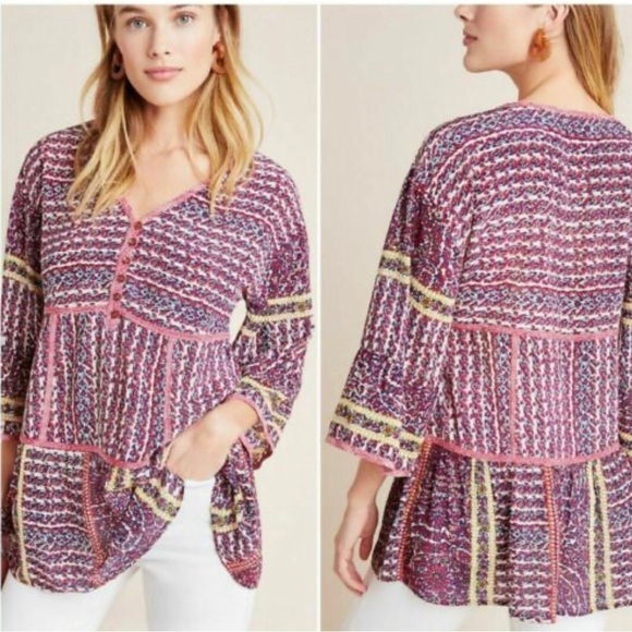 Anthropologie Tops - Anthropology Maeve 100% Silk Blouse Size SP  NWOT Boho  3/4 Bell Sleeves